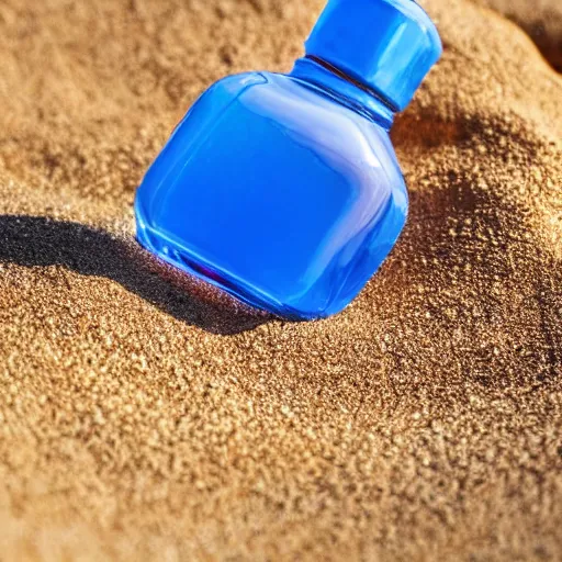 Image similar to bright perfume bottle sitting on a small mountain of clean desert sand, close up shot, upfront, with sunny bright blue sky and clouds in the background, softly - lit, soft - warm, zen, light, modern minimalist f 2 0 clean