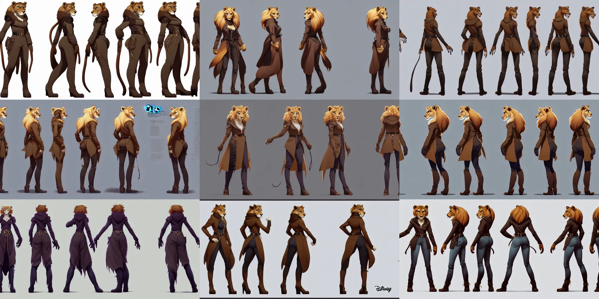 Prompt: beautiful full body character reference sheet with front, back and side profiles of a strong female anthropomorphic lioness fursona wearing a fantasy long coat with belt and zippers. character design by disney, anime, manga, charlie bowater, ross tran, artgerm, and makoto shinkai, detailed, soft lighting, rendered in octane