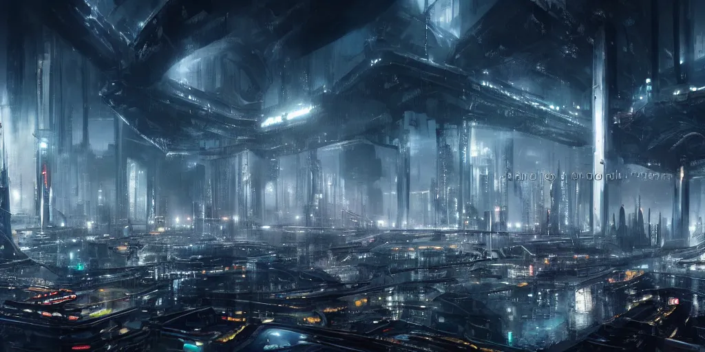 Image similar to futuristic science-fiction landscape of the world of machines, huge mechanical towers buildings and bridges, under a dark cloudy sky, in the style of Blade Runner