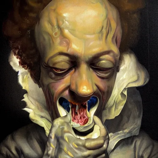 Image similar to mysterious portrait of malcolm gladwell emerging from the dark void eating burger, face partially melting LSD effect, figure in the darkness of renaissance, serving big macs, Francisco Goya, painted by John Singer Sargant, Adrian Ghenie, style of Francis Bacon, highly detailed, 8k, trending on artstation