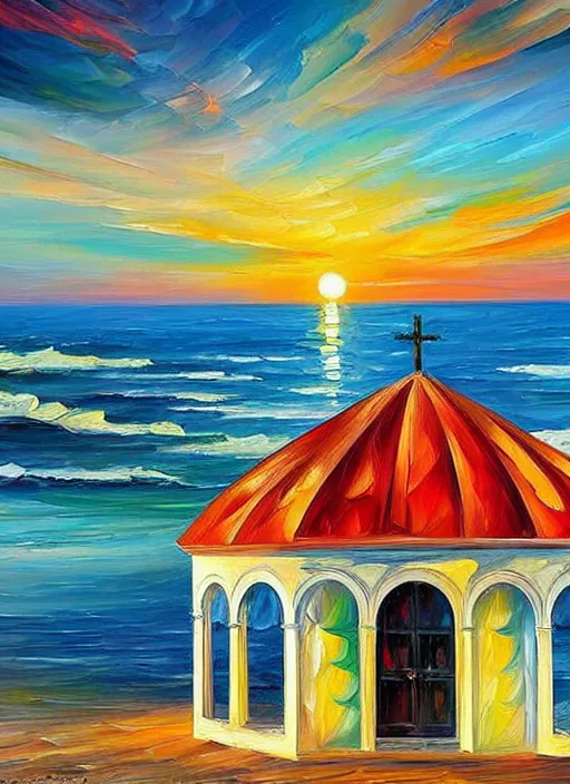 Image similar to beautiful seaside greek chapel surrounded by a village at sunset in the style of leonid afremov