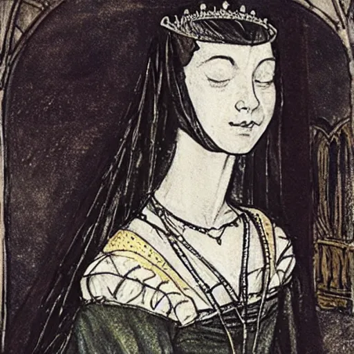 Image similar to anne boleyn crying as she grows bird wings, in the style of arthur rackham