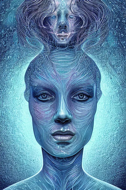 Image similar to dark underwater portrait of one Bioluminescent ancient woman, with reaction diffusion semi-transparent skin. face closeup. long intricate dark hair. good face proportions. with many jellyfishes. very high detail, illustration, by alex grey and Ilya Kuvshinov