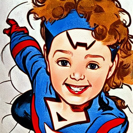 Prompt: a little girl with a mischievous face and light brown curly wavy hair and blue eyes. she is dressed as captain america, spider - man, batman, captain marvel, a superhero. well composed, clean elegant painting, beautiful detailed face. comic book art by steve ditko and jack kirby and alphonse mucha