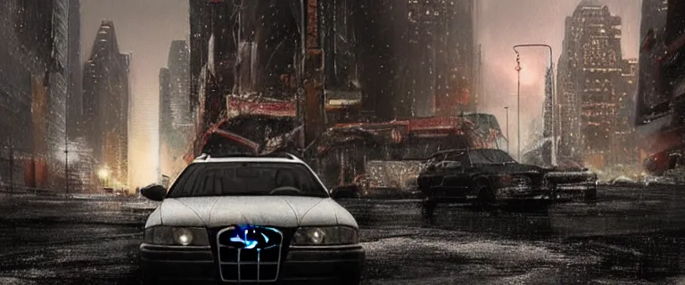 Prompt: Audi A4 B6 Avant (2002), a post apocalyptic, dramatic lighting, cinematic, establishing shot, extremly high detail, photorealistic, cinematic lighting, artstation, style by greg rutkowsky, Max Payne (2003) winter New York landscape at night