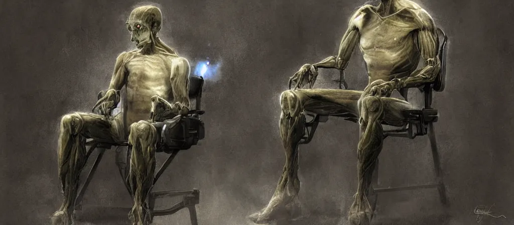 Image similar to human sitting in a chair to get upload by a scan machine to a computer, uploaded, scifi machine, very detailed, award winner on deviantart by geg rutkowski, by madgwick