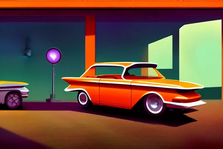 Image similar to a cinematic matte painting of a boxy 1 9 6 0 s vaporwave retro - futurism sci - fi car with solar panels on roof and doors in a cluttered garage in mumbai. by eric lafforgue, glennray tutor and edward hopper, greg rutkowski. trending on artstation.