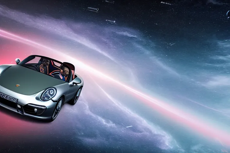 Image similar to porsche speedster as a spaceship traveling through a wormhole into another dimension. photorealistic 35mm 4k nasa