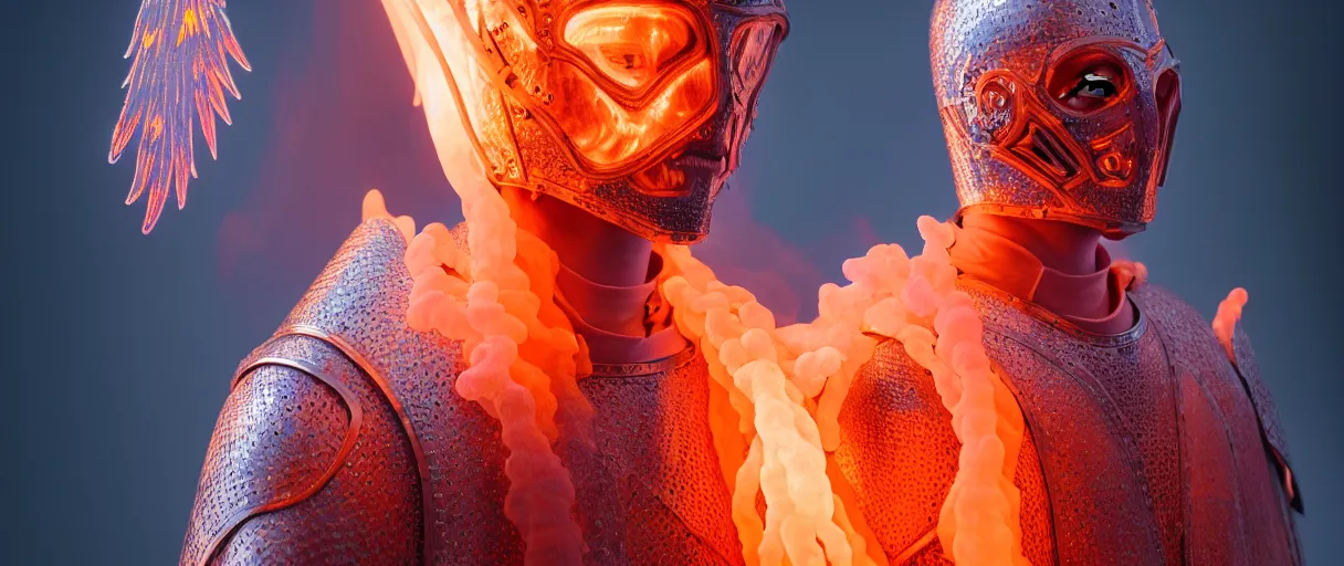 Image similar to hyperrealist highly detailed english medieval portrait of high fashion archangel wearing flame fire smoke flame armor, radiating atomic neon corals, veiny network growth with ghostly ghost translucent ghost armor, concept art pascal blanche dramatic studio lighting 8k wide angle shallow depth of field