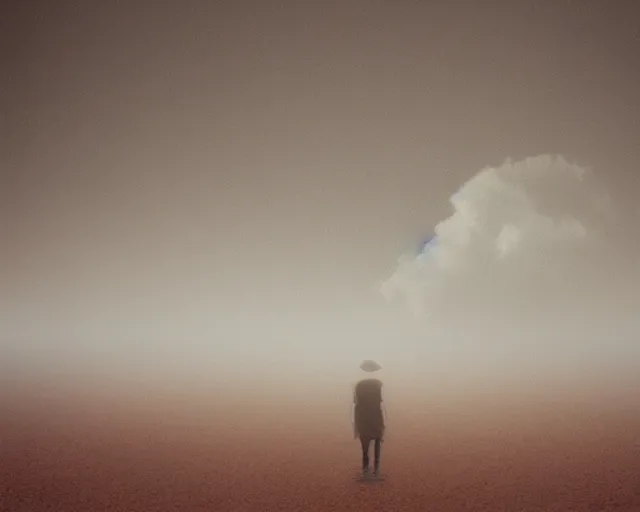 Prompt: bleeding out in an endless desert foggy, volumetric photo, void, sadness, depression, loss of control