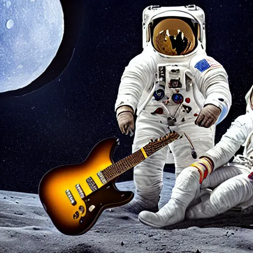 Image similar to photo of a detailed, realistic, regular sized, sitting idle fender electric guitar next to a sitting idle beer can and an astronaut sitting down on the moon surface. detailed photo. realistic photo. cinematic. cinematic shot