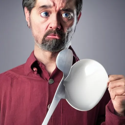 Prompt: A angry man holding a fork and an spoon looking into the camera with the top text BOGUS, stock photo, reddit meme, Realistic