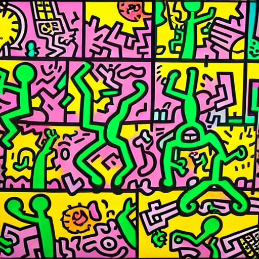 Image similar to collective culture of a metropolis in the style of takashi murakami by keith haring, empty green canvas, pop culture, colorful