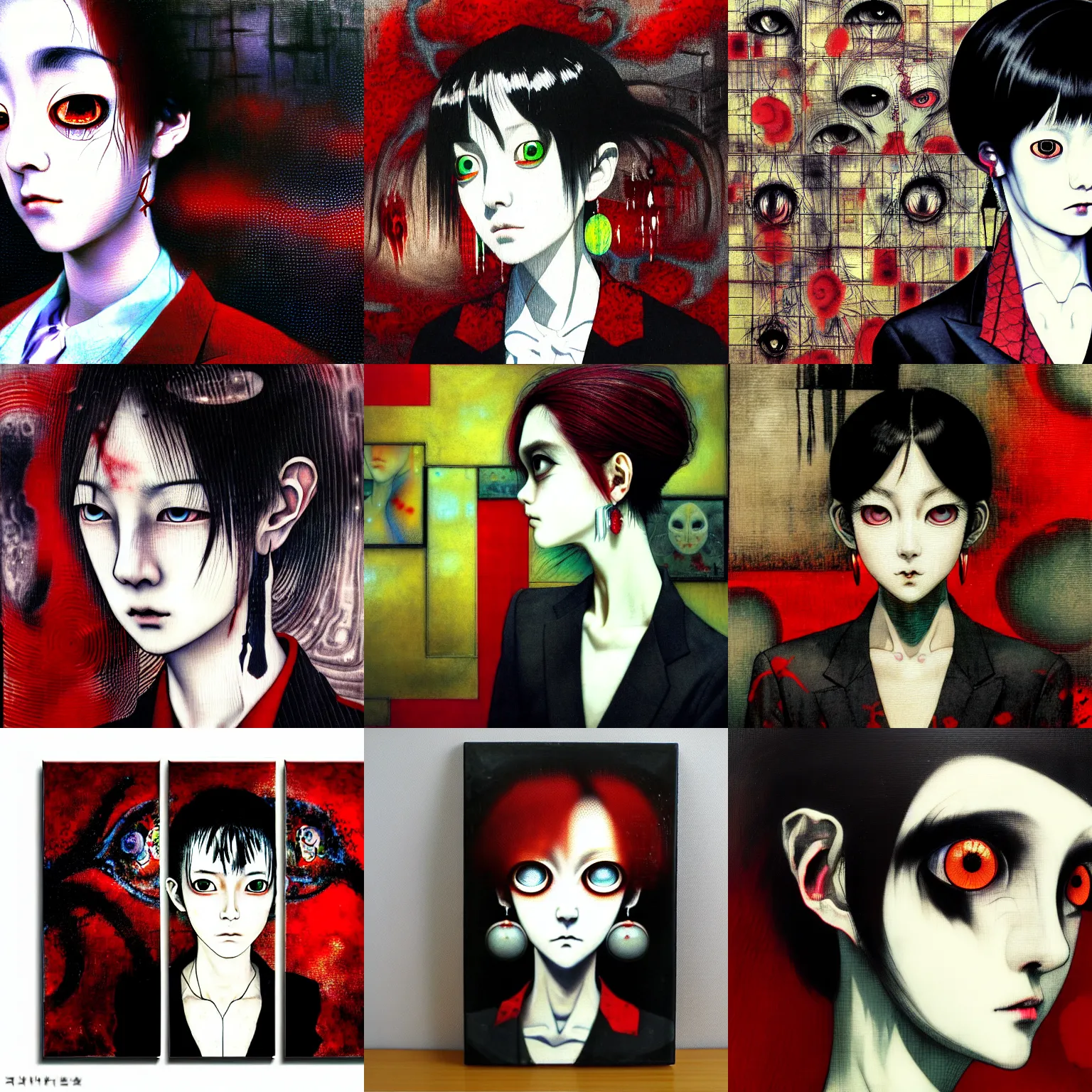 Image similar to yoshitaka amano blurred and dreamy realistic three quarter angle horror portrait of a sinister young woman with short hair, big earrings and red eyes wearing office suit with tie, junji ito abstract patterns in the background, satoshi kon anime, noisy film grain effect, highly detailed, renaissance oil painting, weird portrait angle, blurred lost edges