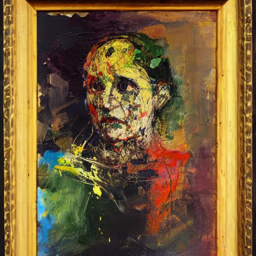 Image similar to oil paint impasto, a woman, multi layered thick brush marks, some splattered paint, in the style frank auerbach and redon