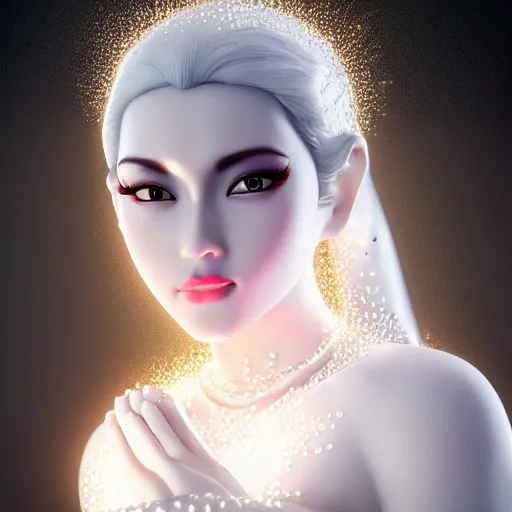 Image similar to portrait of wonderful asian princess of white diamond with fair skin, ornate with white diamonds, 8 k, gorgeous, intricate, detailed, glowing white accent lighting, dramatic lighting, octane render