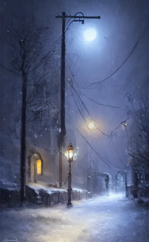 Winter Night Snow Street Lights Painting Gráfico por Alone Art