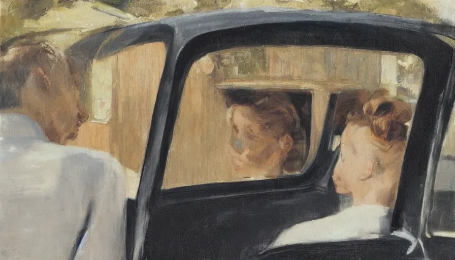 Prompt: painting by borremans, man back standing in front on the mirror and blond woman in cabriolet car sitting, detailed, stunning