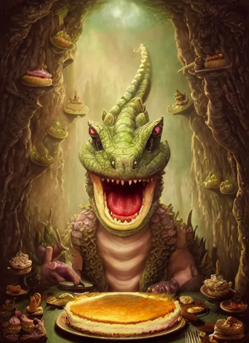 Prompt: highly detailed closeup portrait of a fairytale dragon eating cakes, unreal engine, nicoletta ceccoli, mark ryden, earl norem, lostfish, hyung tae, frank frazetta, global illumination, detailed and intricate environment