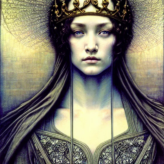 Image similar to detailed realistic beautiful young medieval queen face portrait by jean delville, gustave dore and marco mazzoni, art nouveau, symbolist, visionary, gothic, pre - raphaelite. horizontal symmetry