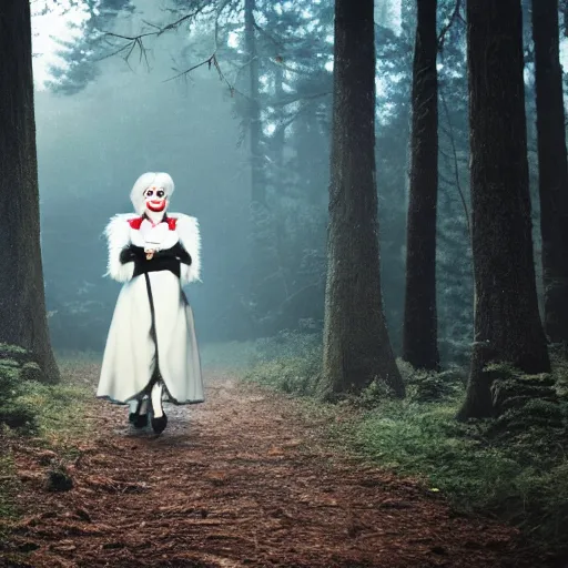 Image similar to disney cruella devilla in the woods, 8 k, professional photography, cinematic shot, dark, smoke, mist