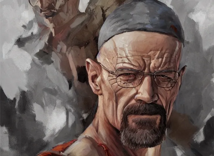 Prompt: a highly detailed beautiful portrait of walter white as kratos, by gregory manchess, james gurney, james jean