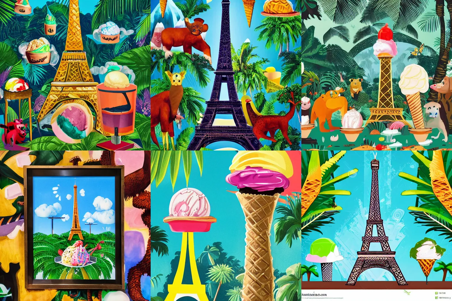 Prompt: eiffel tower surrounded by ice cream in a tropical forest with angry animals, modern art, mysterious,