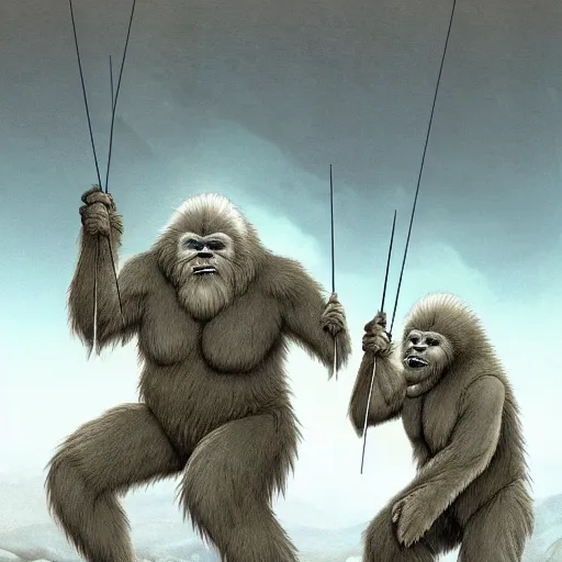 Prompt: a high detailed realistic photo of a yeti and sasquatch archers