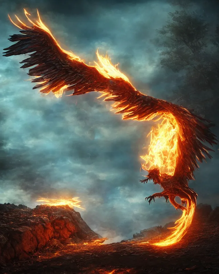 Prompt: a beautiful and imaginary photoreaslistic render of a burning steel phoenix rising out of the dirt and ashes, ethereal lighting, pixie dust magic, brilliant glow, cinematic, epic, epic scale ultrawide angle, deep vivid colors, explosive energy, like elder scrolls and elden ring and lord of the rings