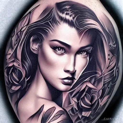 Prompt: tattoo design, stencil beautiful portrait of a girl by artgerm, artgerm