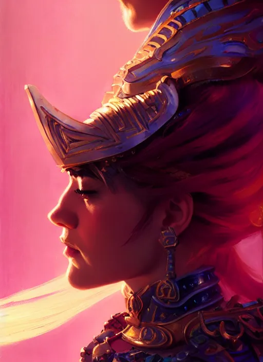 Image similar to side portrait, imogen poots, paladin, fantasy, gloomhaven, luminescent, gaudy colors, by greg manchess, huang guangjian, gil elvgren, sachin teng, greg rutkowski, jesper ejsing, ilya kuvshinov