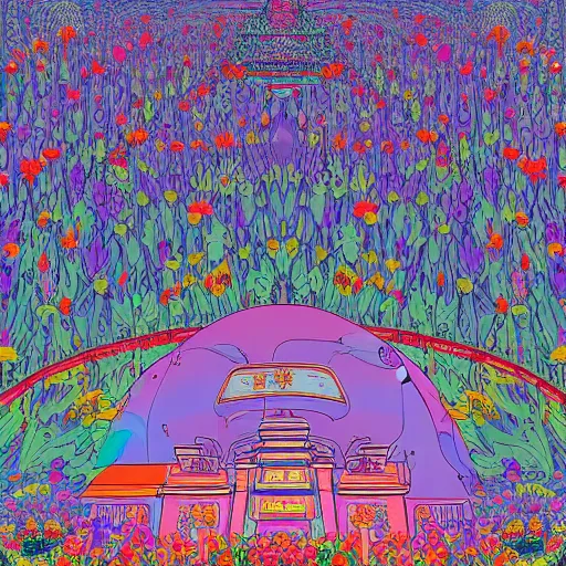 Image similar to a beautiful painting of a huge exquisite mystical shrine in a field of flowers by moebius and studio ghibli, hyper detailed vector line art, digital art