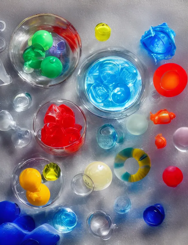 Image similar to a well - lit studio photograph of a clear bowl of water with various plastic toys floating in it, some smooth, some wrinkled, some long, various sizes, textures, and transparencies, beautiful, smooth, detailed, inticate