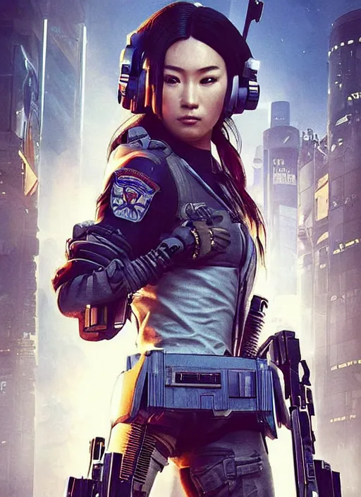 Image similar to Nikki tanaka. beautiful cyberpunk female USN marine wearing a military vest and combat gear. (Cyberpunk 2077, bladerunner 2049, apex legends, hl2, mgs, overwatch, blackops, rb6s). gorgeous face. Iranian orientalist portrait by john william waterhouse and Edwin Longsden Long and Theodore Ralli and Nasreddine Dinet, oil on canvas. Cinematic, hyper realism, realistic proportions, dramatic lighting, high detail 4k