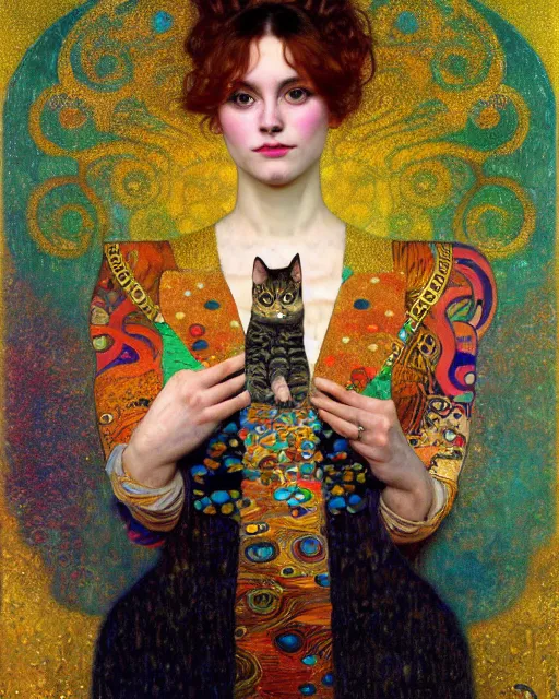 Image similar to magician cat portrait an oil painting splashes with many colors and shapes by gustav klimt greg rutkowski and alphonse mucha, polycount, generative art, psychedelic, fractalism, glitch art