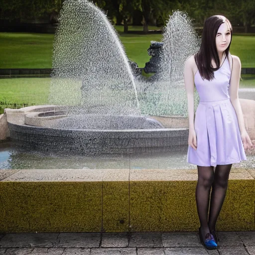 Prompt: a full body portrait of a European young maid standing in front of a fountain in a park, 8k, photo taken with Sony a7R camera, by William-Adolphe