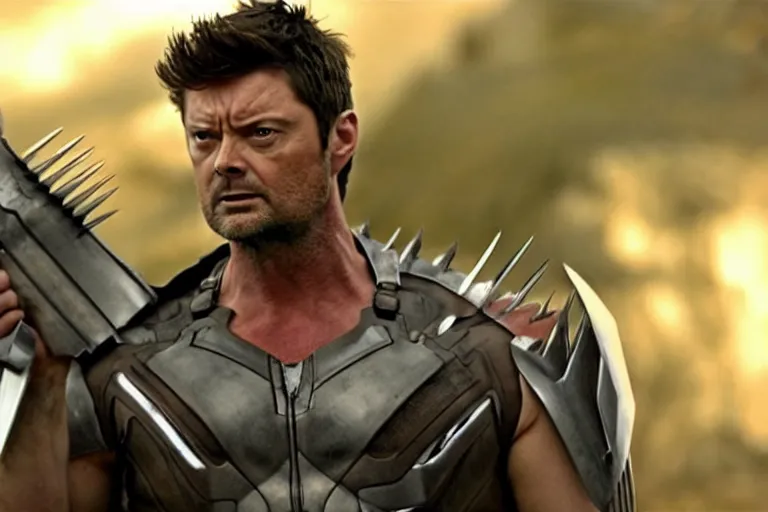 Image similar to film still frame of karl urban as wolverine, adamantium, high quality