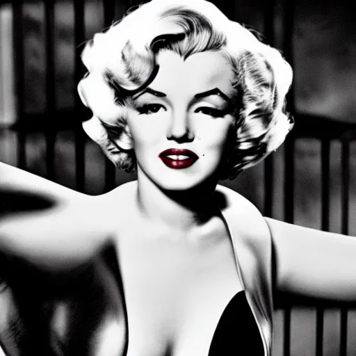 Image similar to black and white cinematic shot of Marilyn Monroe as Catwoman