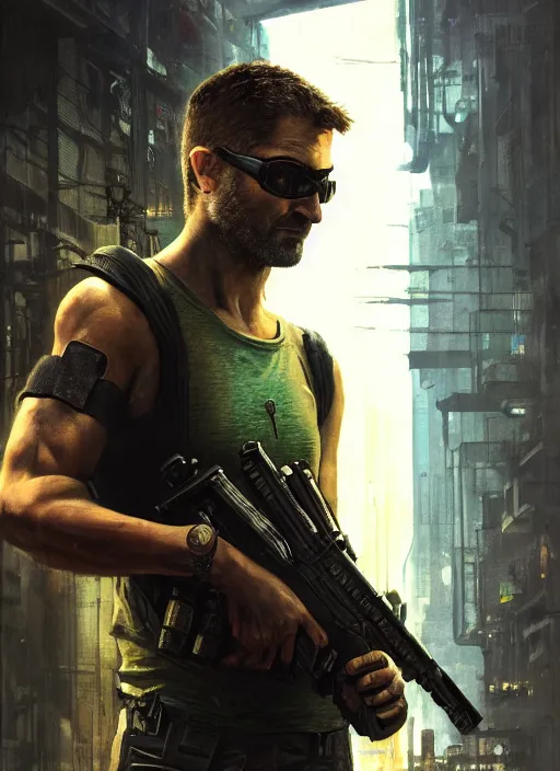 Prompt: sam fisher. cyberpunk mercenary in a military vest ( blade runner 2 0 4 9, cyberpunk 2 0 7 7 ). orientalist portrait by john william waterhouse and james gurney and theodore ralli and nasreddine dinet, oil on canvas. cinematic, hyper realism, realistic proportions, dramatic lighting, high detail 4 k