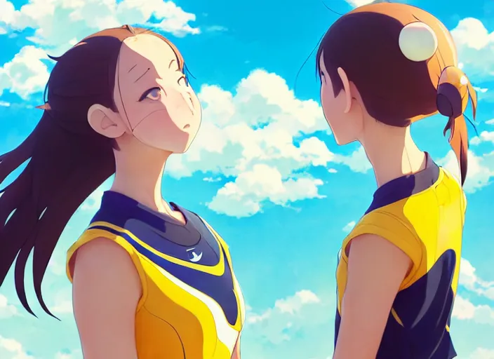 Prompt: side portrait of cute high school girl playing beach volley, sunny sky background stadium landscape illustration concept art anime key visual trending pixiv fanbox by wlop and greg rutkowski and makoto shinkai and studio ghibli and kyoto animation symmetrical facial features sports clothing futuristic yellow nike shirt