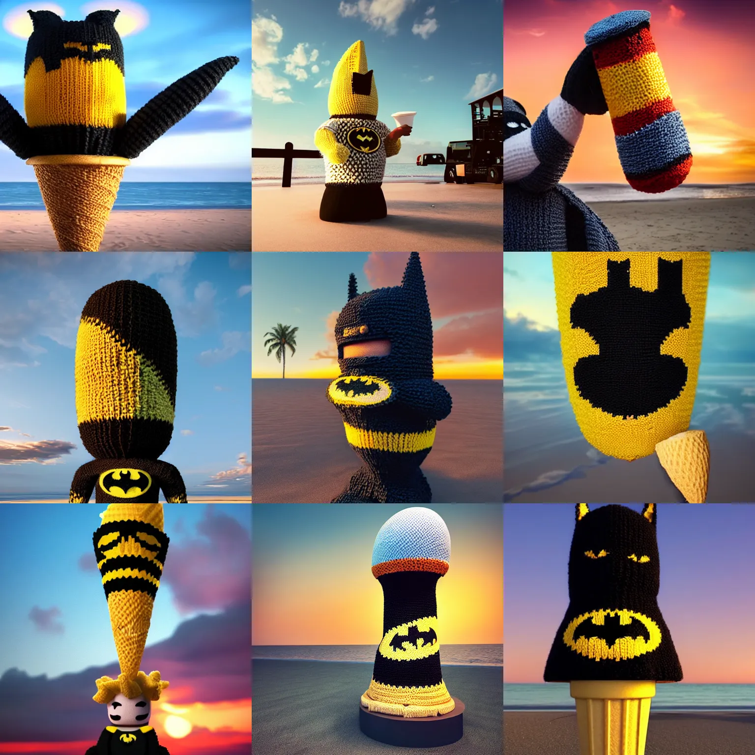 Prompt: a large knitted batman licking a vanilla ice cream cone during sunset at the beach Trending on artstation, featured on Behance, well-rendered, Unreal Engine, 4K HD