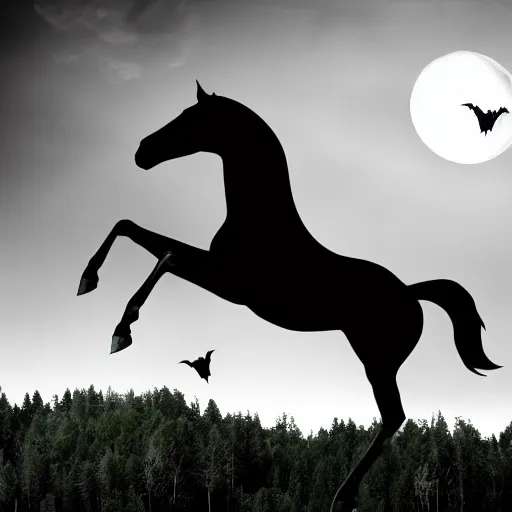 Prompt: photo of a black horse with wings of a a bat flies in the light of the full moon in the forest, high detail