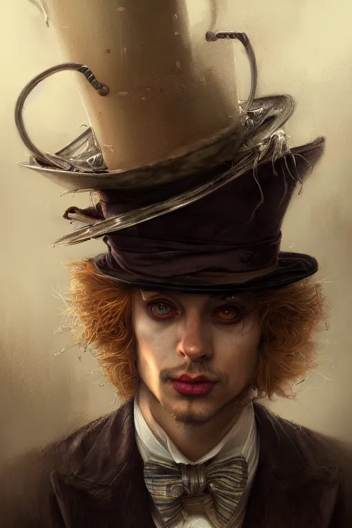 Image similar to mad hatter, portrait of young man, tavern, by wlop, by luis royo, by peter mohrbacher, concept art, digital illustration, intricate, masterpiece, elegant, super detailed, unreal engine rendering, smooth, sharp focus, artstation hq