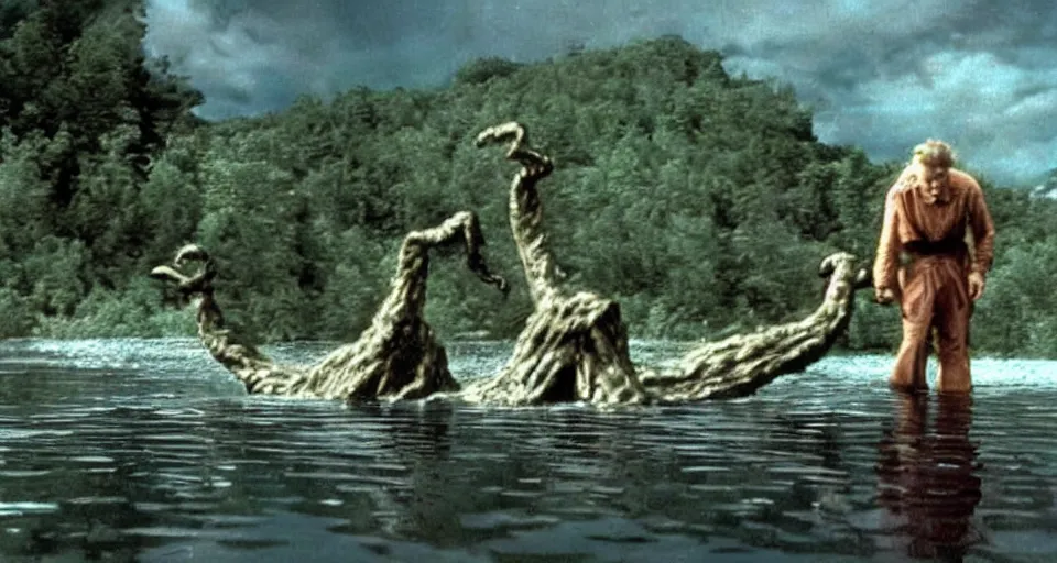 Image similar to scene from the 1 9 5 7 film bigfoot vs the loch ness monster, ray harryhausen, colorized, movie still