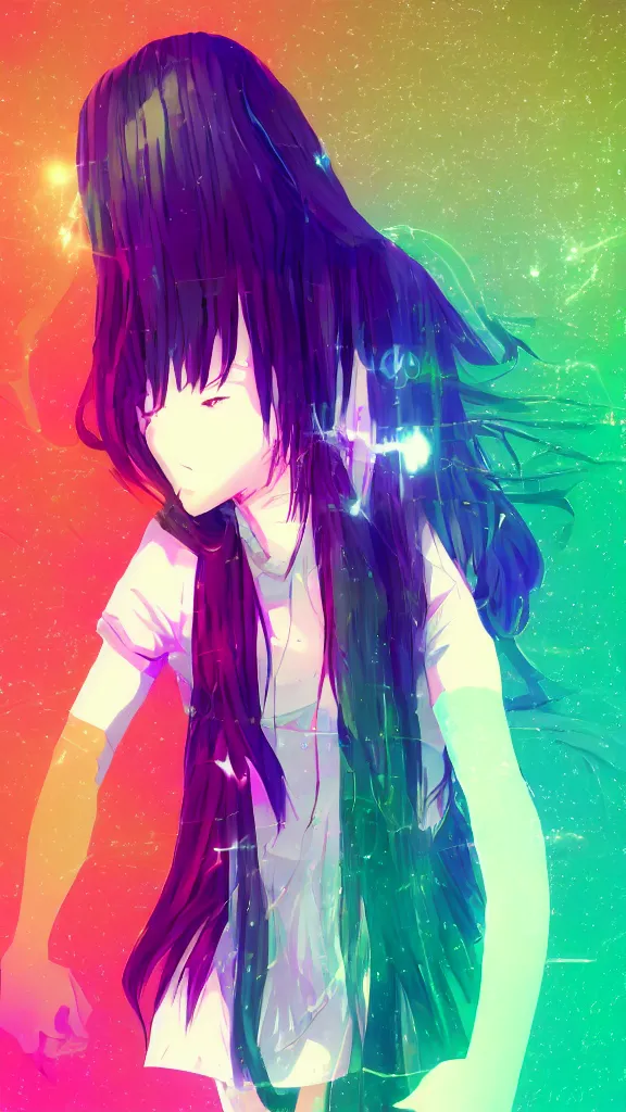 Image similar to Anime girl, glitchy, glitch art, Chromatic aberration, girl in white dress , halo over her head, nobody knows the future