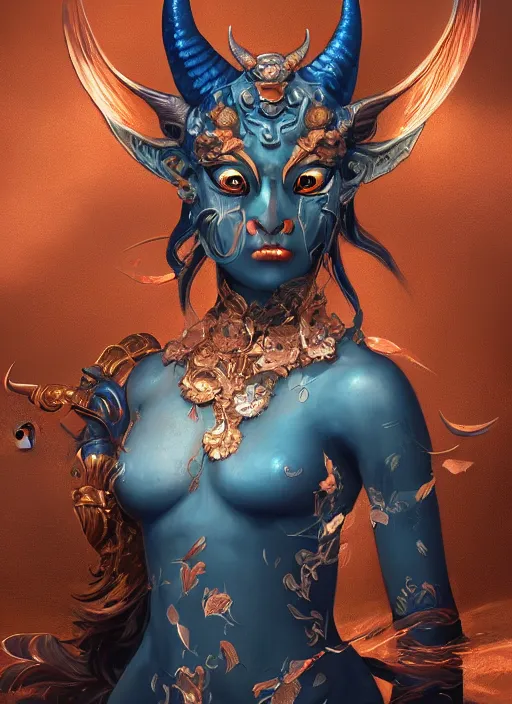 Image similar to a beautiful detailed oil on copper art illustration of a japanese blue devil mask woman, centered, by charlie bowater, zeng fanzh, trending on artstation, dim dusk lighting, cinematic lighting, detailed lighting, volumetric lighting, realistic, f 8, 4 k hd wallpaper