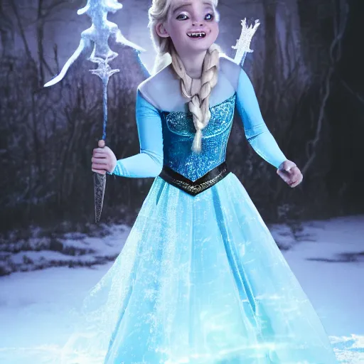 Image similar to photo of Elsa from Frozen as a witch in Hogwarts from Harry Potter, wearing the Griffyndor attire, dramatic lighting