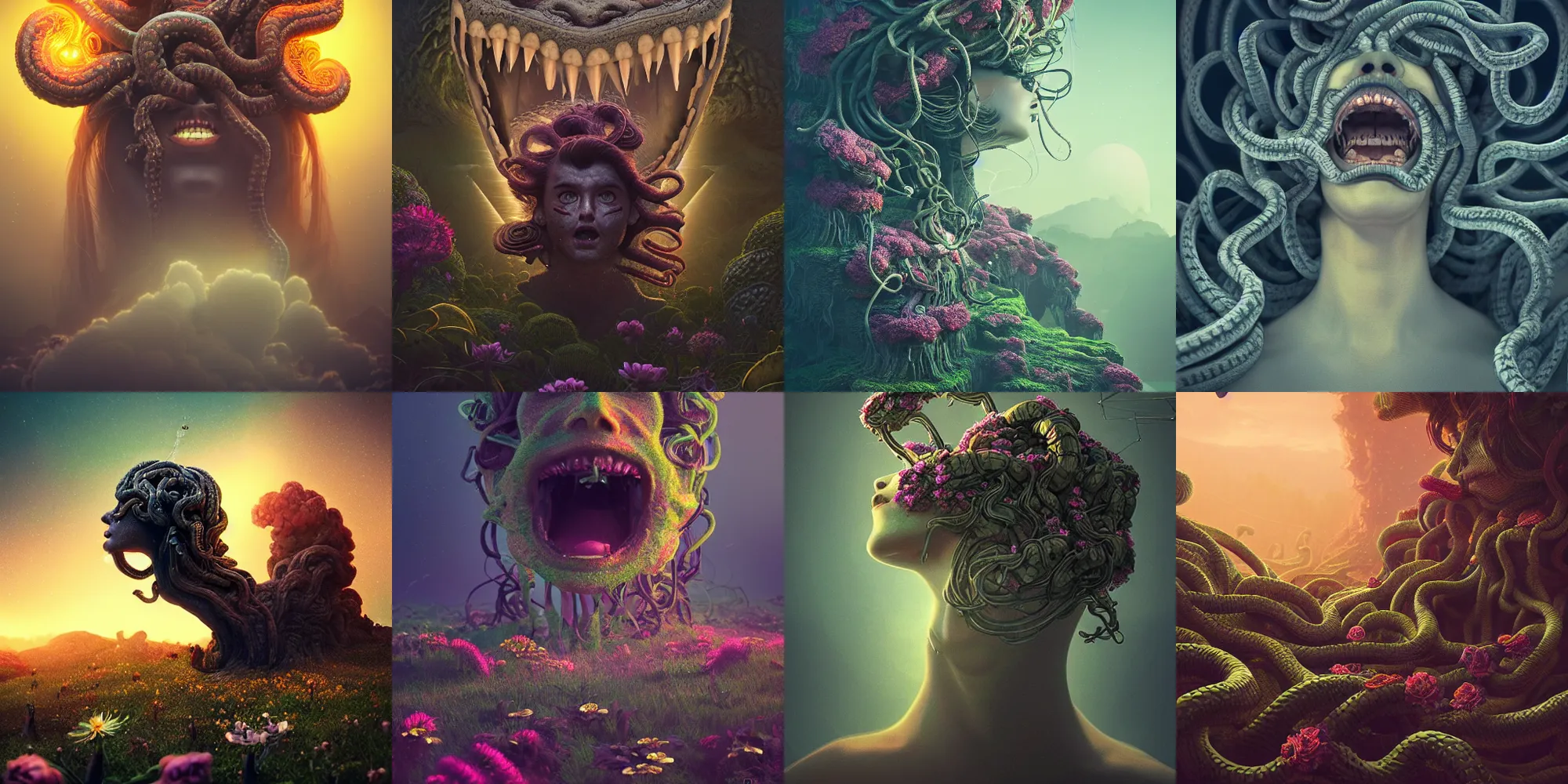 Prompt: beautiful dark landscape, highly detailed medusa head screaming, beautiful flowers growing, in the style of beeple and Mike Winkelmann, intricate, epic lighting, cinematic composition, hyper realistic, 8k resolution,