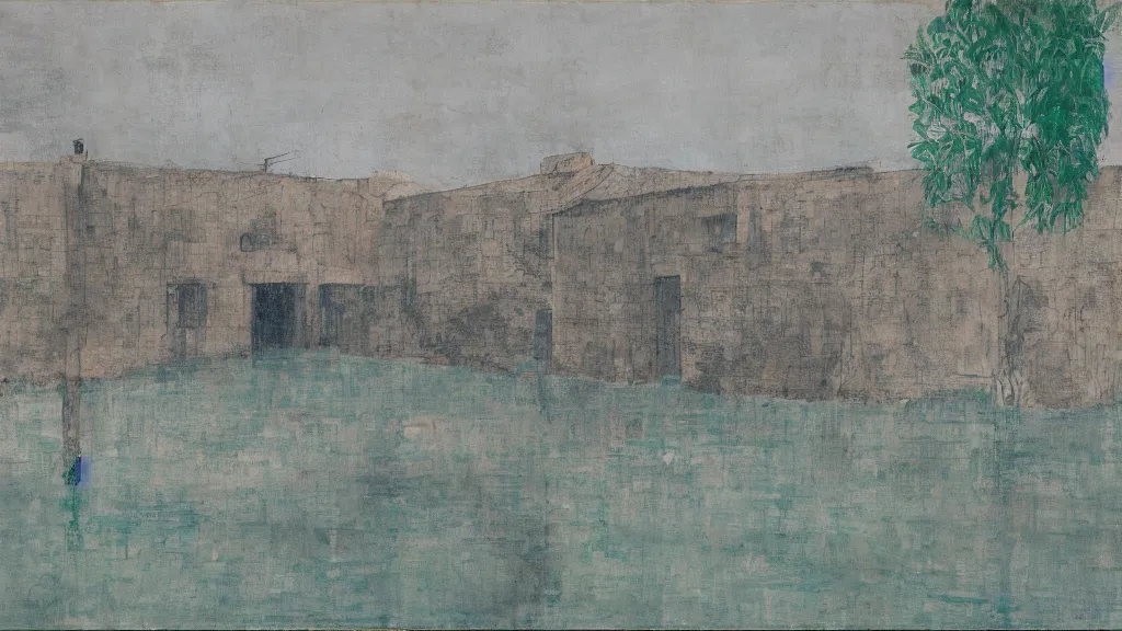 Image similar to a chinese prison near a river by peter doig, muted colors