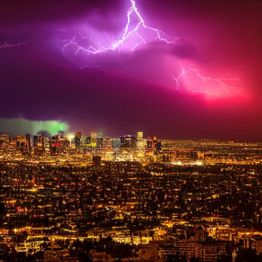 Prompt: moody midnight LA cityscape during intense storm. neon colors. gorgeous, tornado in distance, award winning, 4k